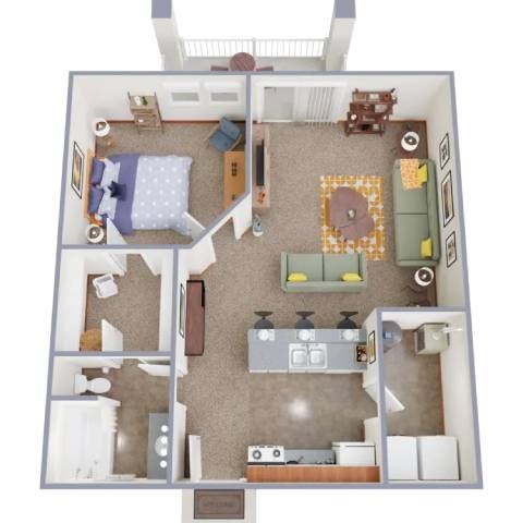 A top down view of a small apartment with a bedroom, living room, kitchen, and bathroom.